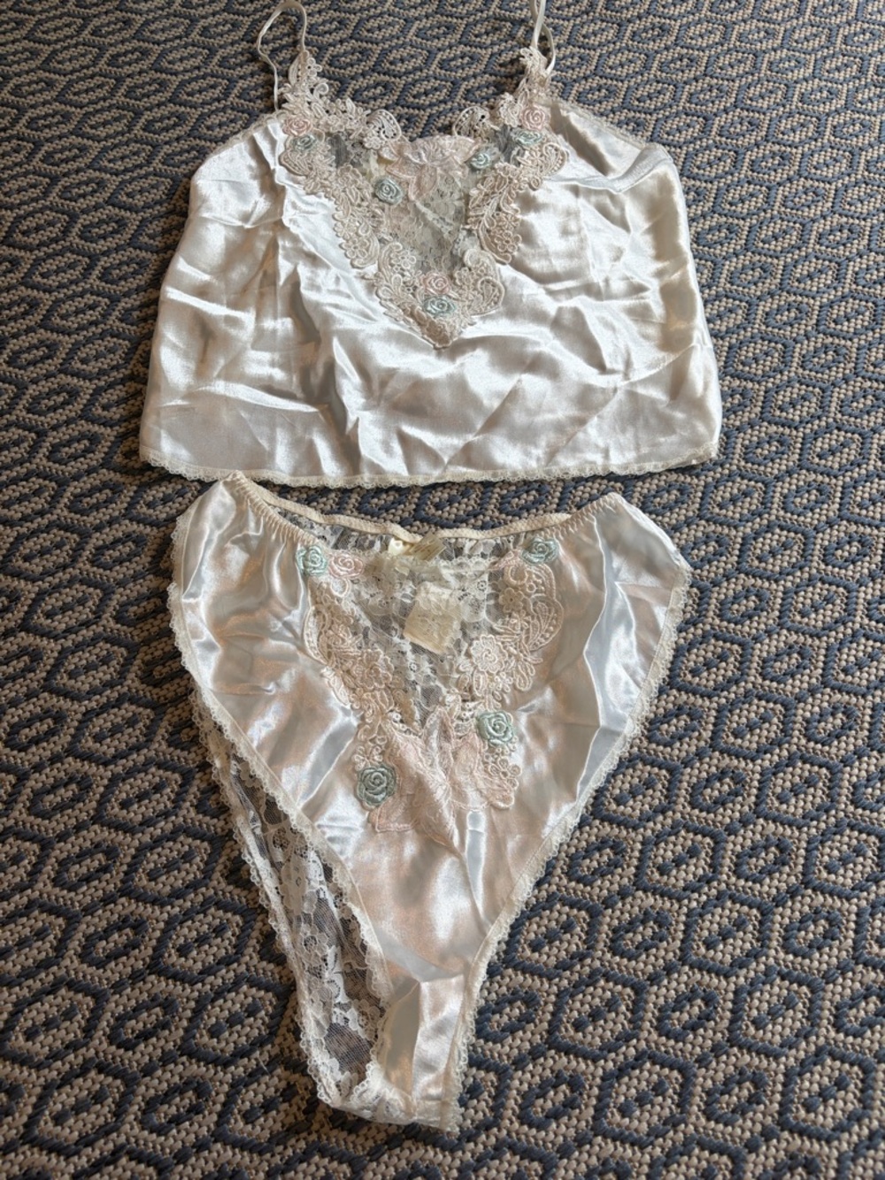 Victoria’s Secret Vintage Satin Lace Trim Cami & Brief Set in Ivory